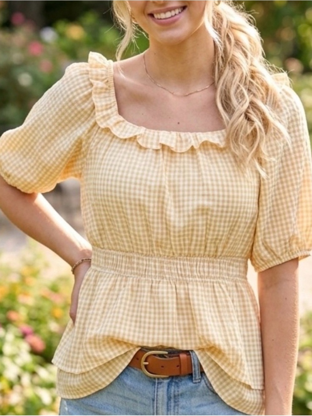 Yellow Gingham Smocked Peplum Short Sleeve Top